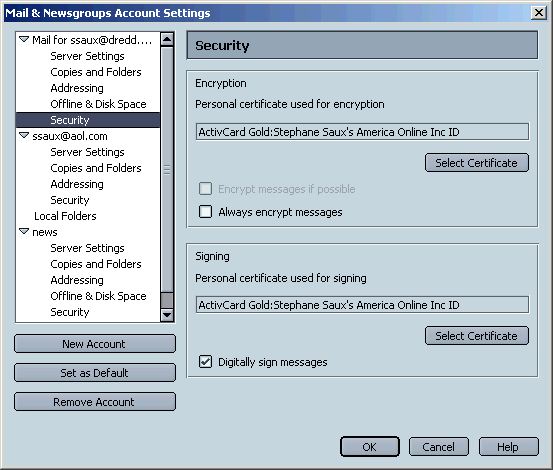 Mail Newsgroups Account Settings Security Tab.